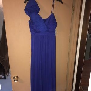 Long blue chiffon dress.